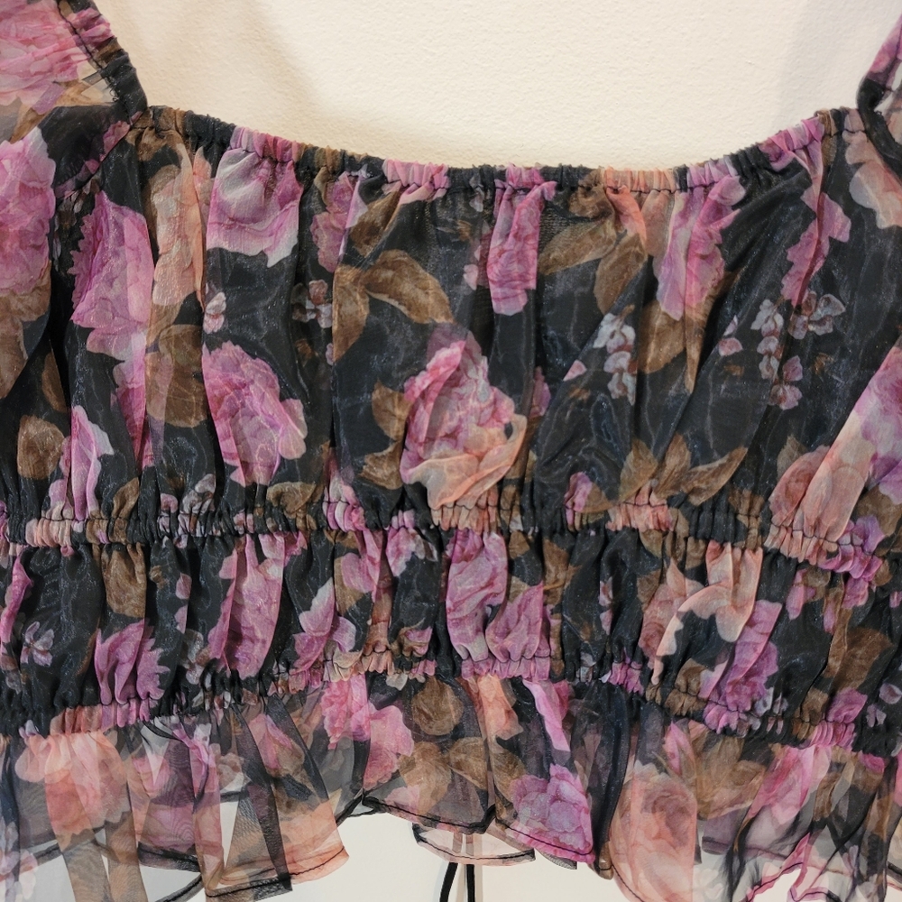 For Love & Lemons Sunshine Sheer Floral Puff Sleeve Crop Top - Size S - Picture 4 of 7